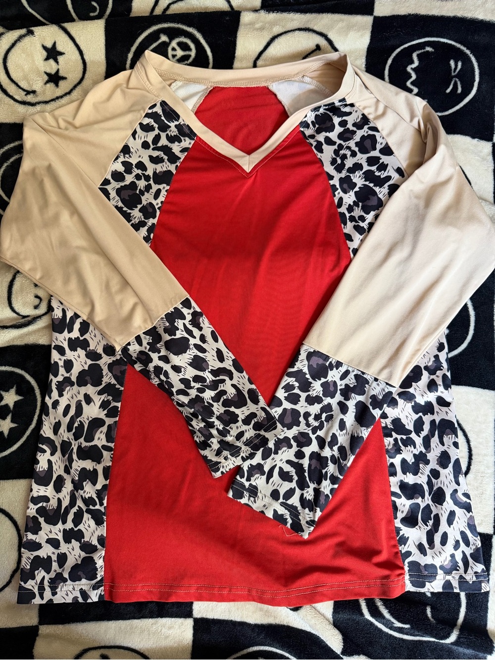 Women’s Red and Cream Long Sleeve Colorblock Top